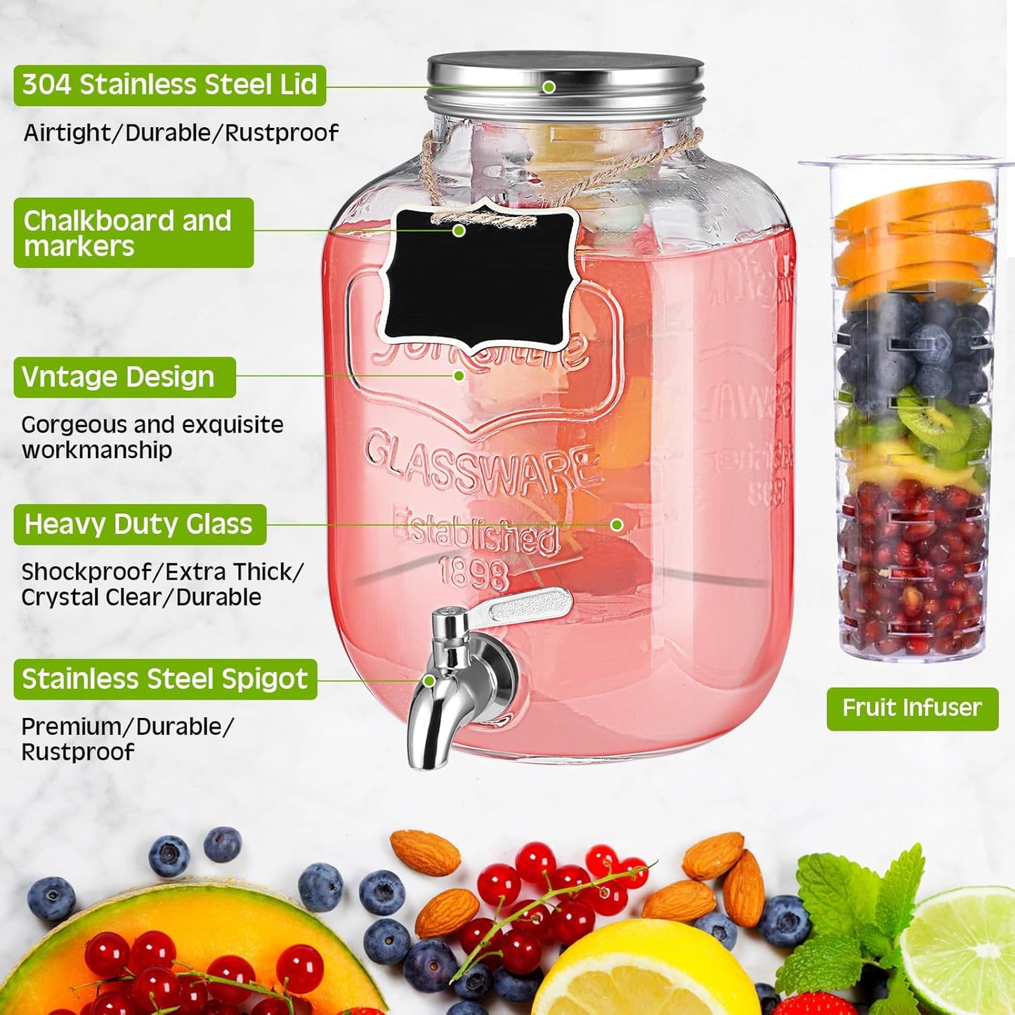 Lallisa 3 Pcs 2 Gallon Glass Drink Dispenser with Stand and Lid Mason Jar Beverage Dispenser with Stainless Steel Spigot, Hanging Chalkboard Signs, Fruit Infuse, Ice Cylinder, Liquid Pen (Black)