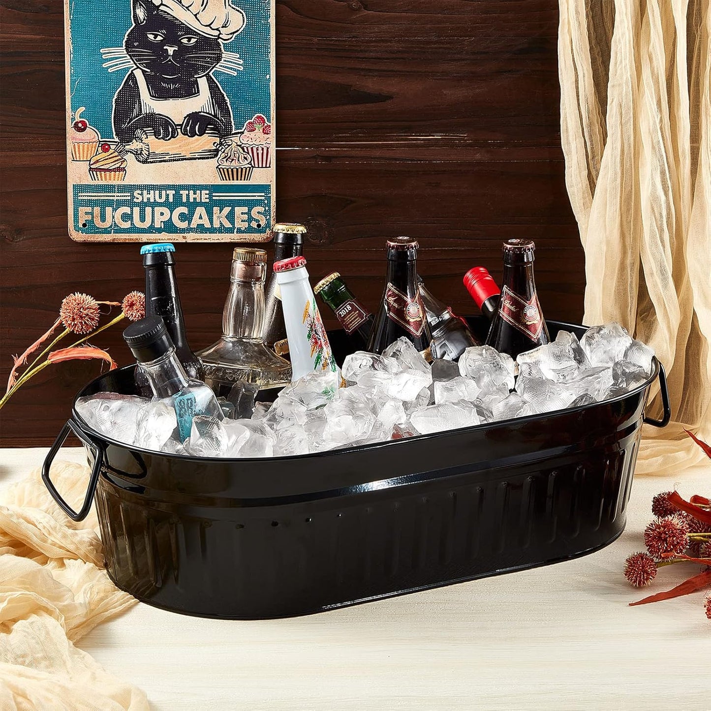 Lallisa 2 Pcs 5.3 gallons Galvanized Beverage Tub Galvanized Bucket Metal Ice and Drink Bucket with Handles Tub for Parties Farmhouse Home Pool Bar (White)