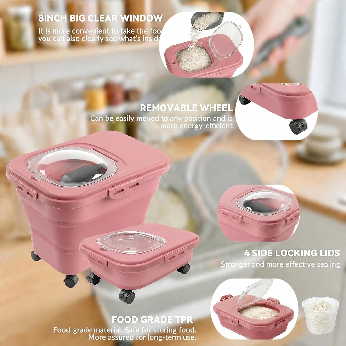 Rice Storage Container Collapsible 20-28 Lbs Food Storage Container with Rolling Wheels and Clear Airtight Lid. BPA Free Flour for Storing Rice, Flour, and Cat Dog Food Storage Container (Pink)