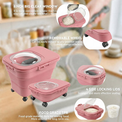 Rice Storage Container Collapsible 20-28 Lbs Food Storage Container with Rolling Wheels and Clear Airtight Lid. BPA Free Flour for Storing Rice, Flour, and Cat Dog Food Storage Container (Pink)