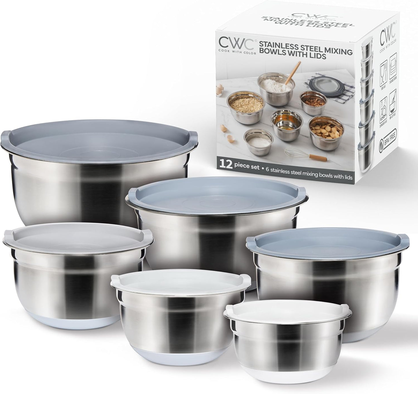COOK WITH COLOR Stainless Steel Mixing Bowls Set with Lids - Nesting Bowls with Non-Slip Bottom, Sage, 12 Pieces