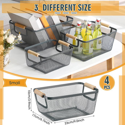 Ziliny 4 Pcs Metal Mesh Wire Baskets with Wooden Handles for Organizing, Pantry Organizers and Storage Steel Bin Kitchen Baskets for Fruit Potato Onion Snacks Bathroom Cabinet(Medium,Cream White)