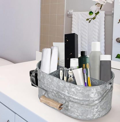 CLEENTABLE Farmhouse Galvanized Metal Utensil Caddy – 4-Compartment Silverware Organizer with Removable Handle for Countertop, Picnic & Party Use (10"x6.5"x5.5", Grey)
