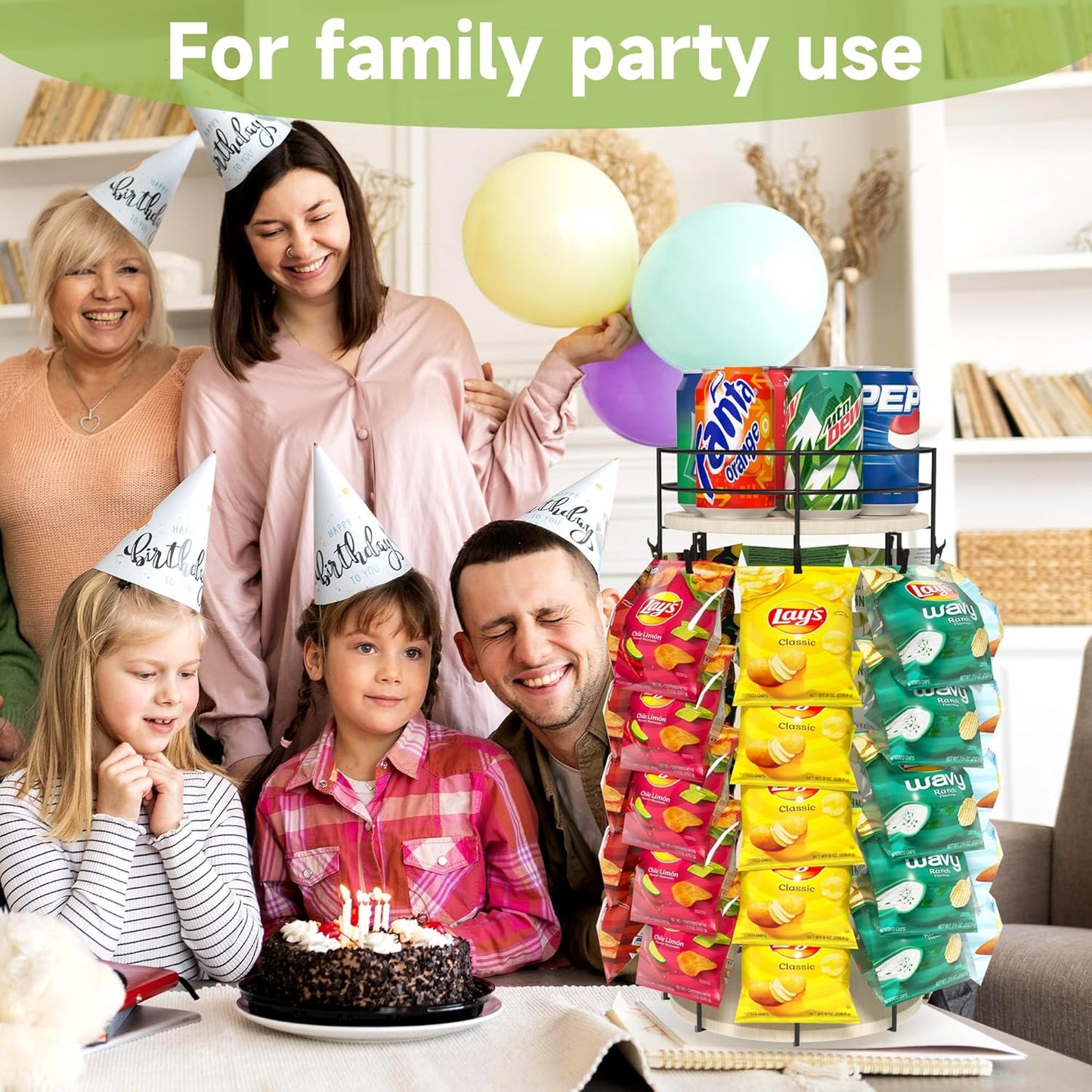 Liaakrr 360° Rotating Snack Display Stand with Secure Top Tier, Holds Drinks & Chips, 5-Tier 40-Clip Countertop Organizer for Party, Kitchen, Store-Beige