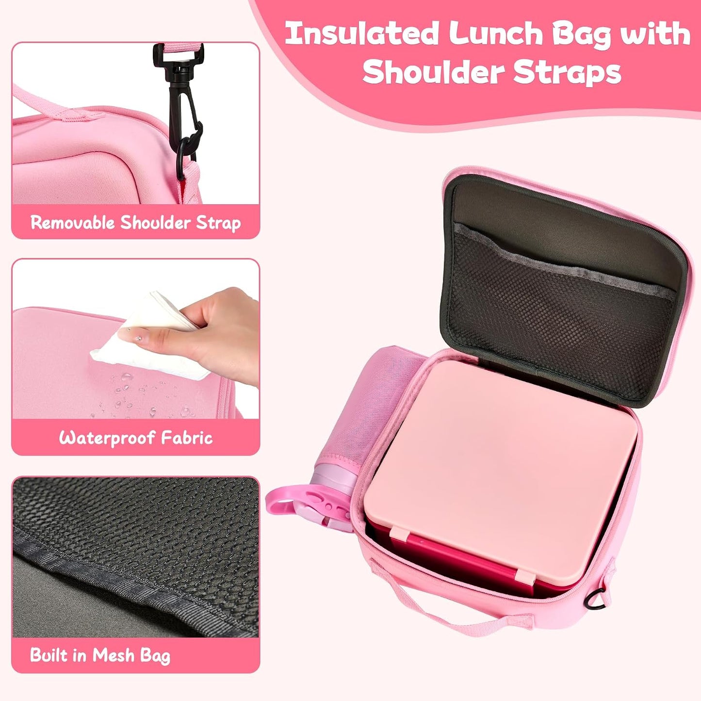 Kids Bento Lunch Box with 8oz Soup Thermo, Water Bottle, Kids Leakproof Lunch Food Containers with 4 Compartment, Insulated Hot Food Jar with Lunch Bag for School, Trvael (Black)