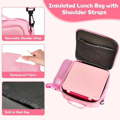 Kids Bento Lunch Box with 8oz Soup Thermo, Water Bottle, Kids Leakproof Lunch Food Containers with 4 Compartment, Insulated Hot Food Jar with Lunch Bag for School, Trvael (Black)