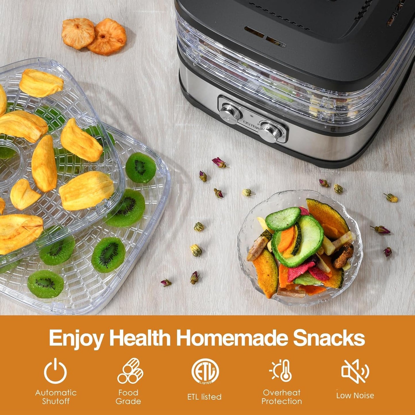 OSTBA Food Dehydrator Machine Adjustable Temperature & 72H Timer, 5-Tray Dehydrators for Food and Jerky, Fruit, Dog Treats, Herbs, Snacks, LED Display, 240W Electric Food Dryer, Recipe Book