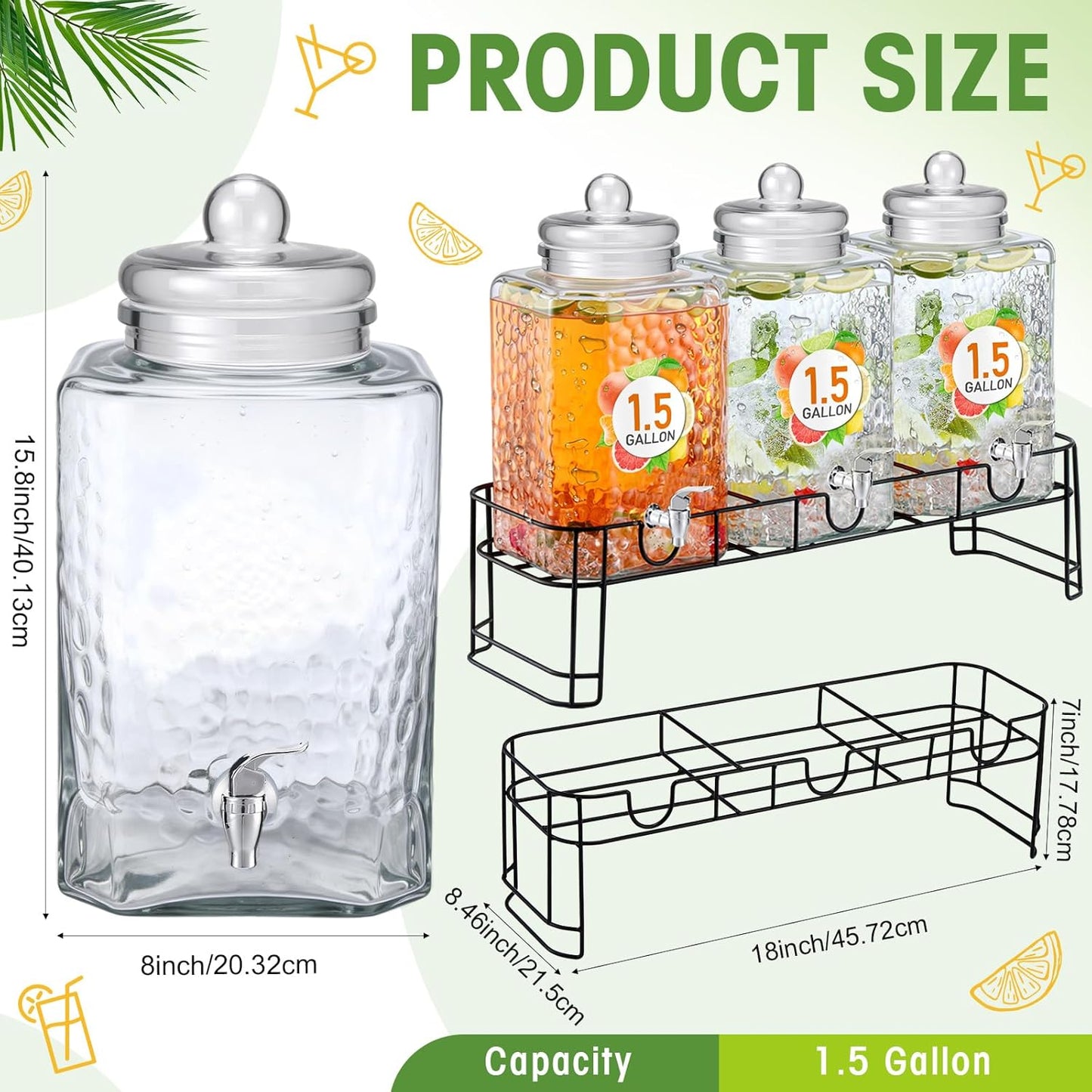 Honeydak 1.5 Gallon Glass Beverage Dispenser with Stand Stainless Steel Spigot Glass Lid Clear Iced Juice Container Leakproof Drink Dispenser Countertop Lemonade Water Jar for Wedding Party (3 Pack)
