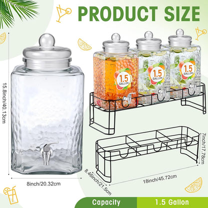 Honeydak 1.5 Gallon Glass Beverage Dispenser with Stand Stainless Steel Spigot Glass Lid Clear Iced Juice Container Leakproof Drink Dispenser Countertop Lemonade Water Jar for Wedding Party (3 Pack)