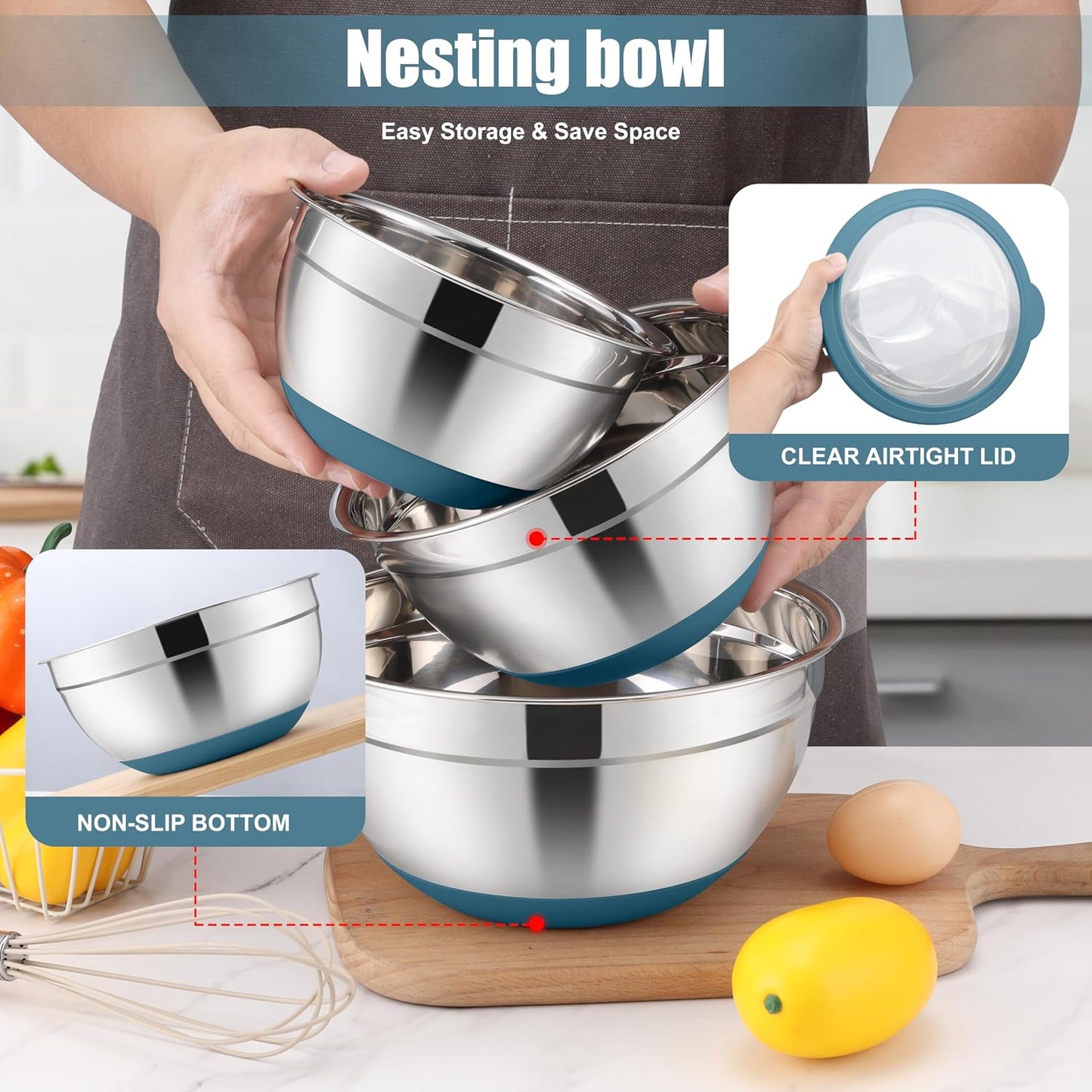 E-far Mixing Bowls with Lids Set, 15PCS Stainless Steel Mixing Nesting Bowl with Colander & 3 Metal Grater for Kitchen Prep/Baking/Storage, Non-Slip Bottom & Airtight Lid, 4.6, 3, 1.5, 1, 0.7QT, Black