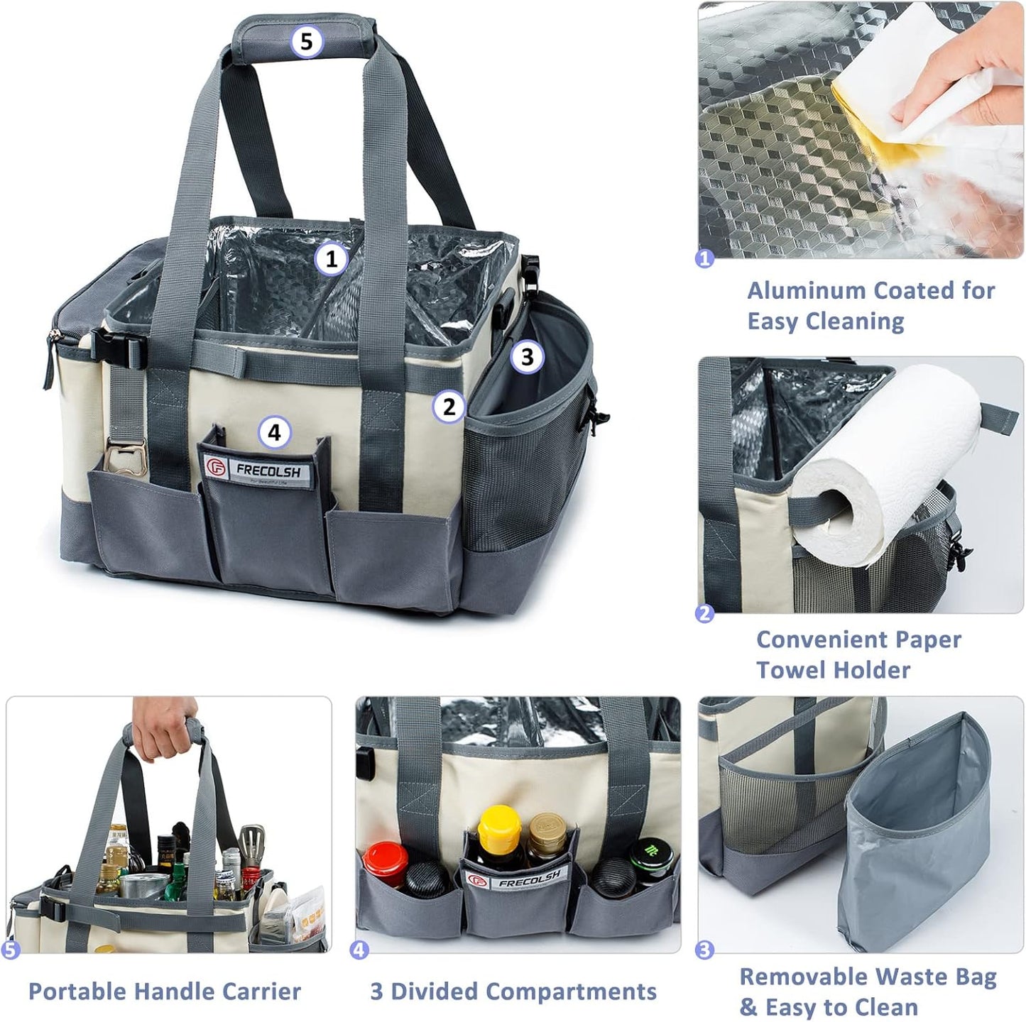 FREECOLSH Black Waterproof Caddy, 16" x 11" x 11", with Detachable Strap and Shoulder Pad for Carrying Utensils and Camping Supplies