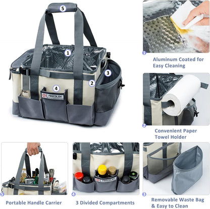 FREECOLSH Black Waterproof Caddy, 16" x 11" x 11", with Detachable Strap and Shoulder Pad for Carrying Utensils and Camping Supplies
