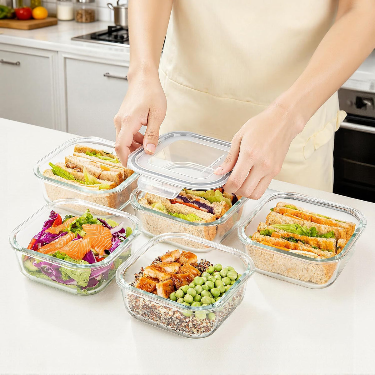 Vtopmart 10 Pack 35oz Glass Food Storage Containers with Lids, Meal Prep Containers, Airtight Reusable Lunch Container Set, Safe for Oven, Microwave, Freezer, and Dishwasher, Grey