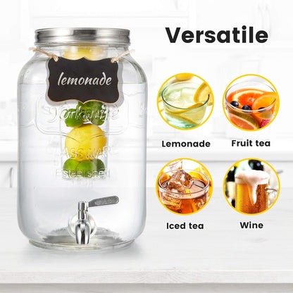 2 Gallon Drink Dispensers for Parties, 2 Pack Glass Beverage Dispenser with Stand & 18/8 Stainless Steel Spigot, Lemonade Jug for Wedding, Picnic, BBQ