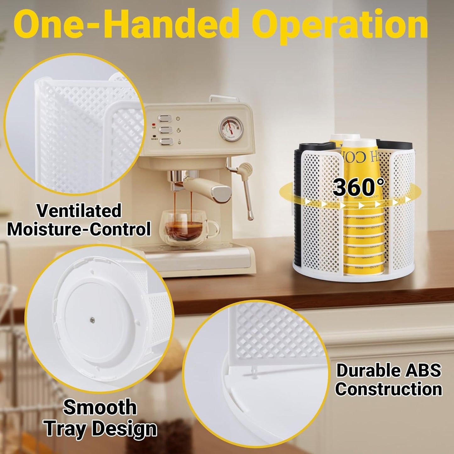4-Compartment Rotating Paper Cup Holder & Coffee Cup Lid Storage Dispenser, Plastic Cup Dispenser Removable, Space-Saving Countertop Cup Holder for Coffee Bars, Kitchens (Black)