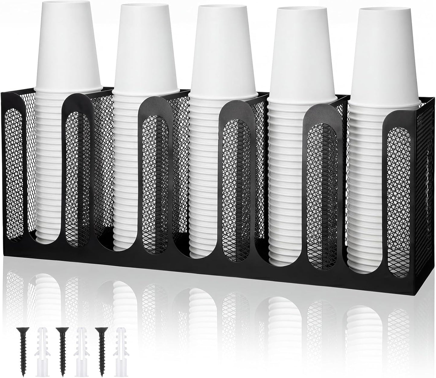 Maxcheck Metal Mesh Cup and Lid Holder Coffee Paper Cup Dispenser Lid Holder Storage Organizer Countertop or Wall Mount for Coffee Bar, Kitchen, Breakroom(4 Compartments,16.1 x 4.1 x 8 Inch)