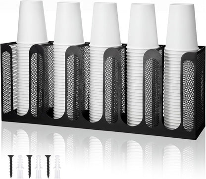Maxcheck Metal Mesh Cup and Lid Holder Coffee Paper Cup Dispenser Lid Holder Storage Organizer Countertop or Wall Mount for Coffee Bar, Kitchen, Breakroom(4 Compartments,16.1 x 4.1 x 8 Inch)