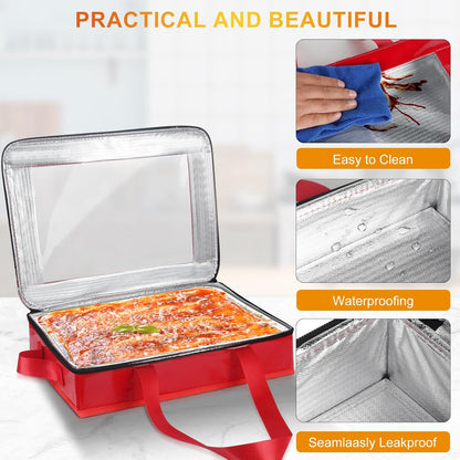 2 Pack Foil Pan Carrier with Clear Lid, PU Leather Aluminum Pan Holders with Long Handle,Serving Tray for Food,Insulated Casserole Carrier for Travel,Picnic,Parties,Fits 9"x13" Baking Dish (2, Black)