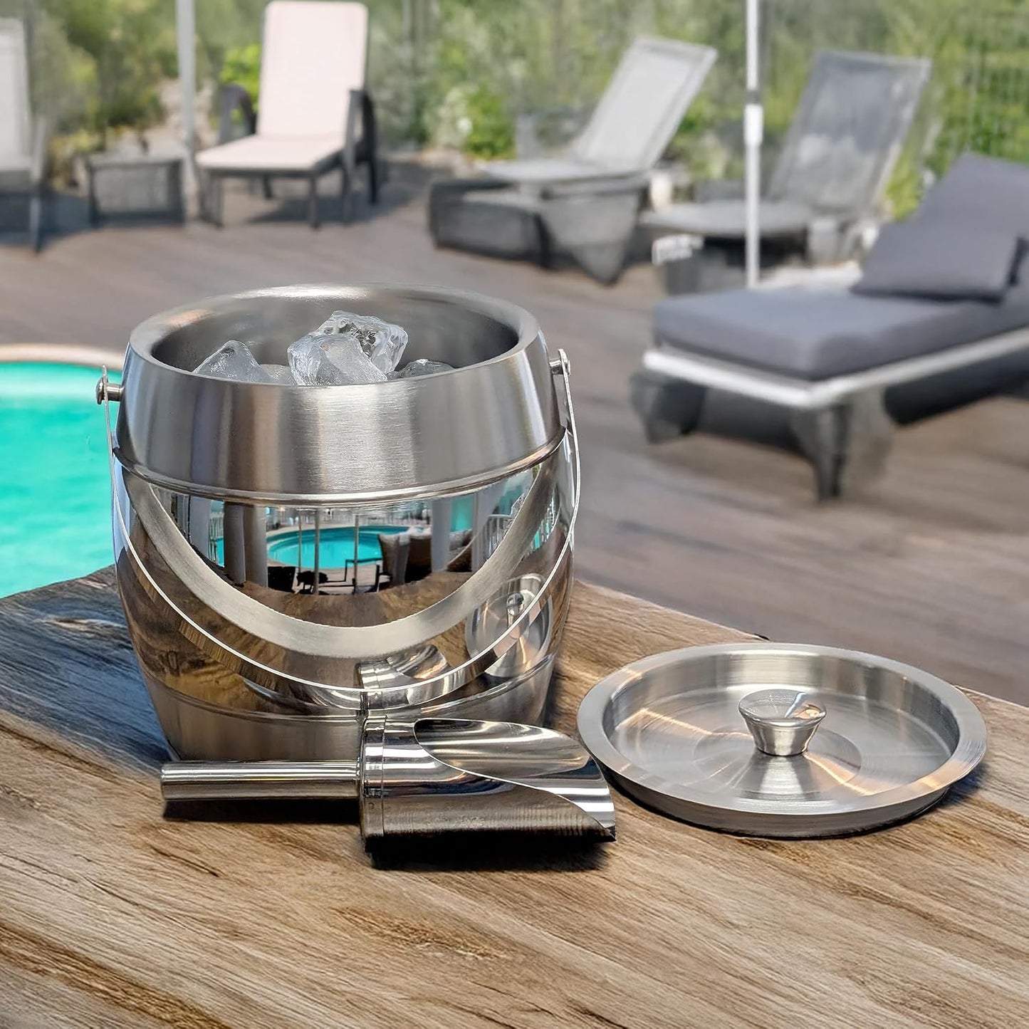 BREKX 3-QT Insulated Ice Buckets for Parties with Lid and Scoop - Iceberg Anchored Wine Chiller Champagne Bucket for Cocktail Bar, Metal Bucket with Lid, Non-Sweat