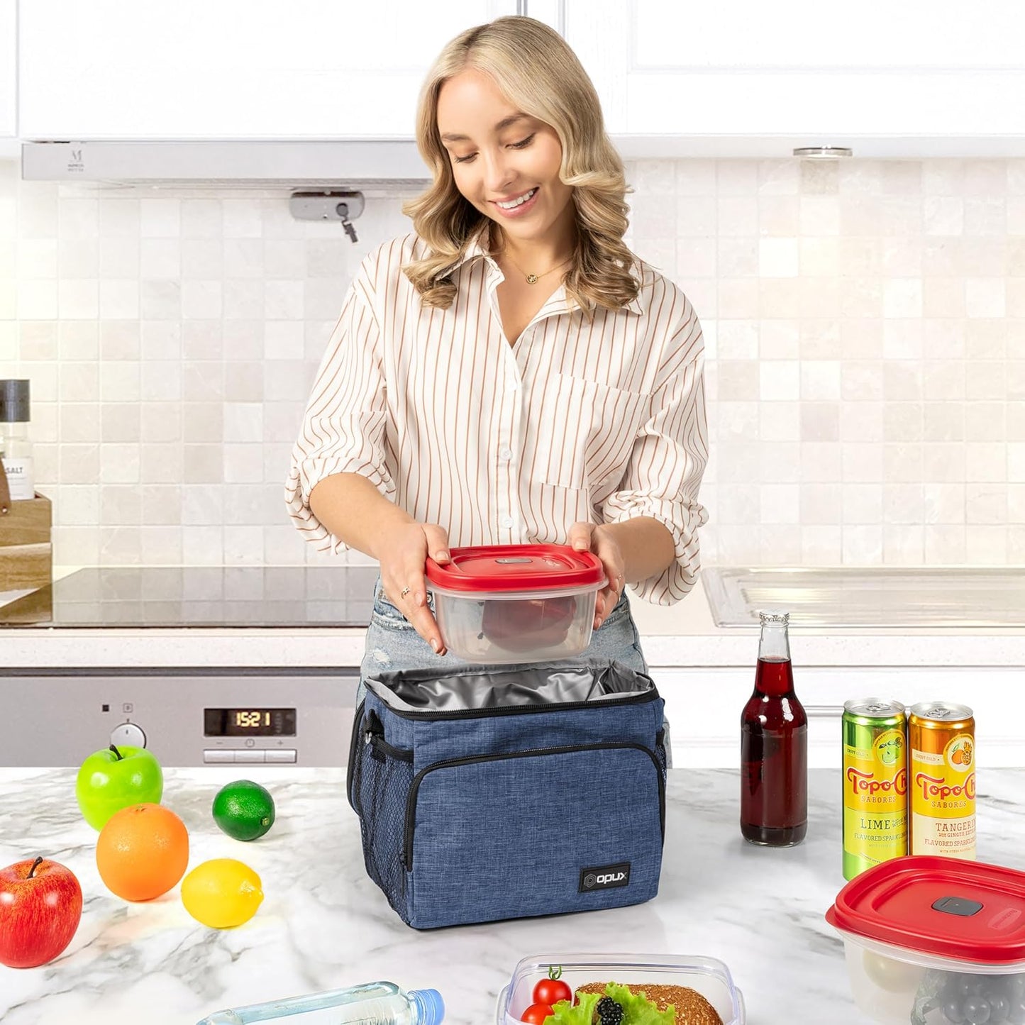 opux Insulated Lunch Bag for Men Women, Large Dual Compartment Cooler Bag, Soft Two Deck Lunch Box for Work School Picnic, Leakproof Lunch Tote with Shoulder Strap for Kid Adult (Purple, Double Deck)