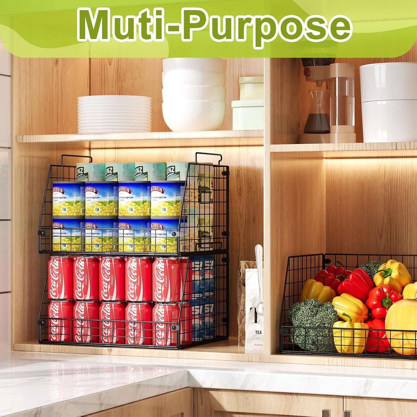 Jakyitvi 4 Pack XXL Stackable Wire Storage Basket, Extra Large Capacity Pantry Organizer and Storage, Muti-Purpose for Vegetable Fruit Basket & Can Organizer & Snack Rack & Metal Pantry Bin