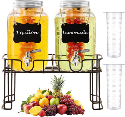 1 Gallon Glass Beverage Dispenser Set of 2 with Stand & Fruit Infuser, Stainless Steel Spigot, Beverage Dispenser for Parties, Weddings, BBQs, Lemonade, Sun Tea, Juice & Cold Drinks