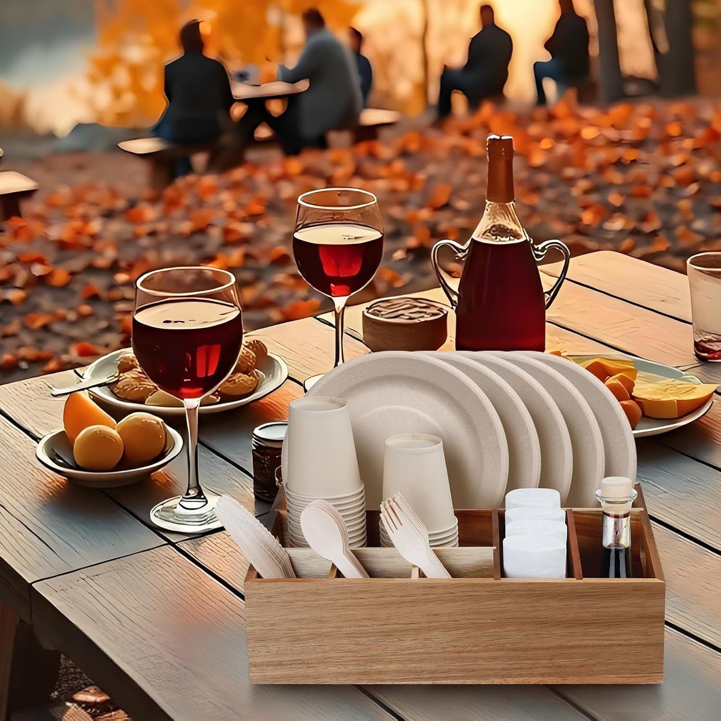 Acacia Wood Utensil Holder for Party, Paper Plate Organizer Silverware Caddy with 6 Compartments for Plate, Cup, Fork, Spoon, Cutlery Holder Countertop for Kitchen Camping Buffet