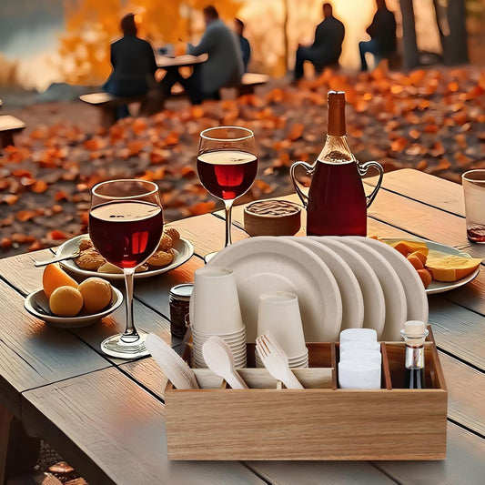 Acacia Wood Utensil Holder for Party, Paper Plate Organizer Silverware Caddy with 6 Compartments for Plate, Cup, Fork, Spoon, Cutlery Holder Countertop for Kitchen Camping Buffet
