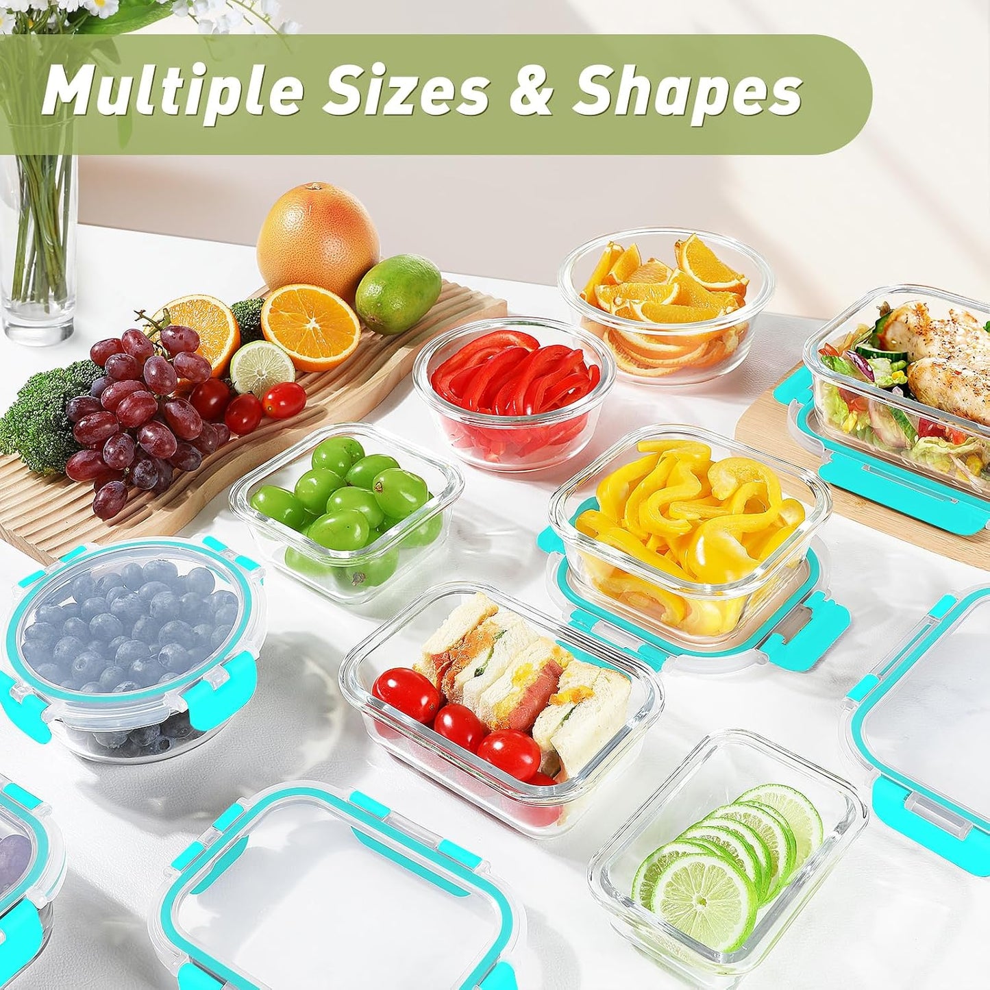 BAYZZ 30 Piece Glass Food Storage Containers Set, Glass Meal Prep Containers with Lids, Airtight Lunch Box, BPA-Free, Microwave, Freezer & Dishwasher Safe