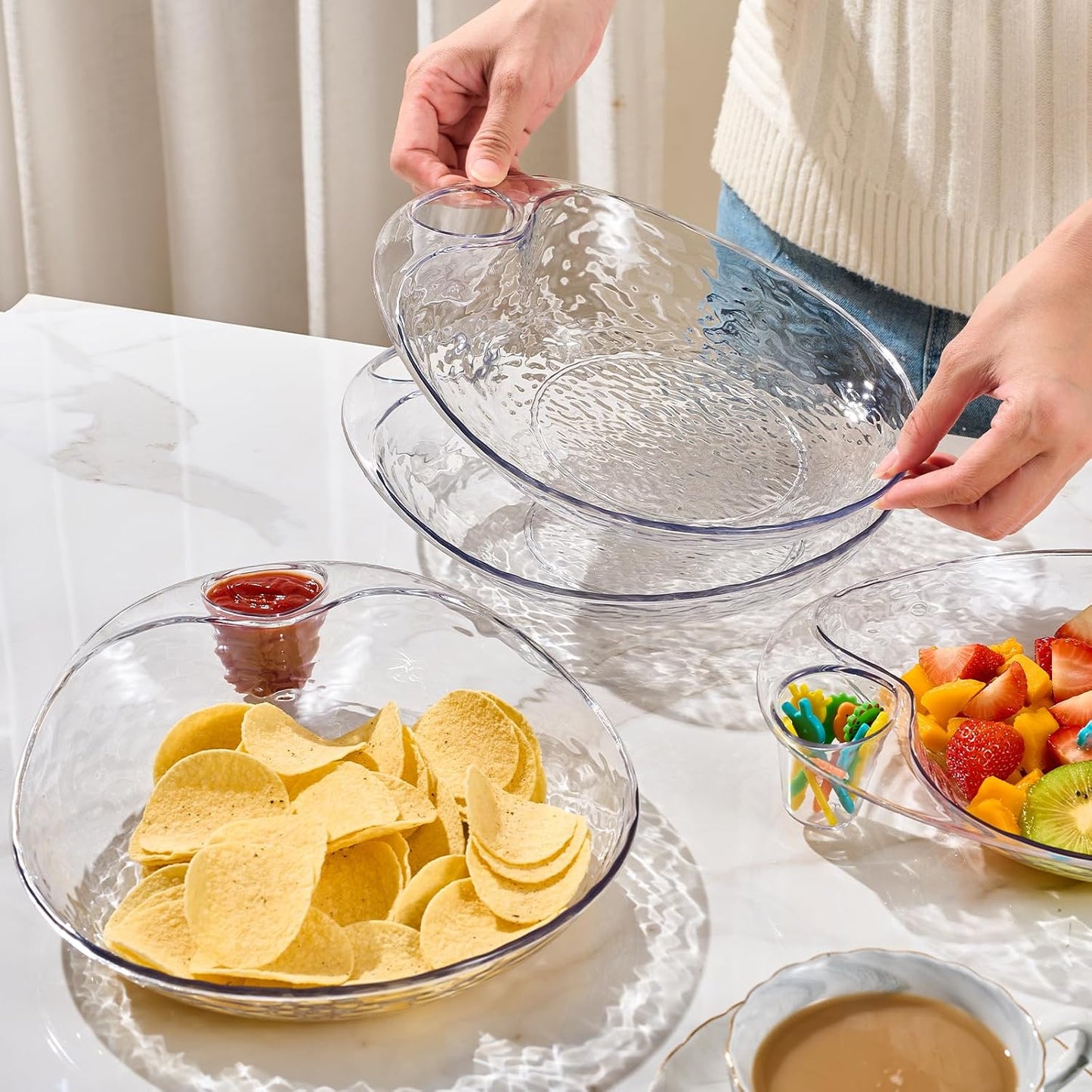 Clear Chip and Dip Serving Platter Set, 2 Pcs Fruit Plates Divided Party Trays 10'' x 8.7'' Snack Bowl Dishes, Wine Dine Appetizer Plates, Reusable BPA-free Plastic Dumpling Plate with Sauce Holder