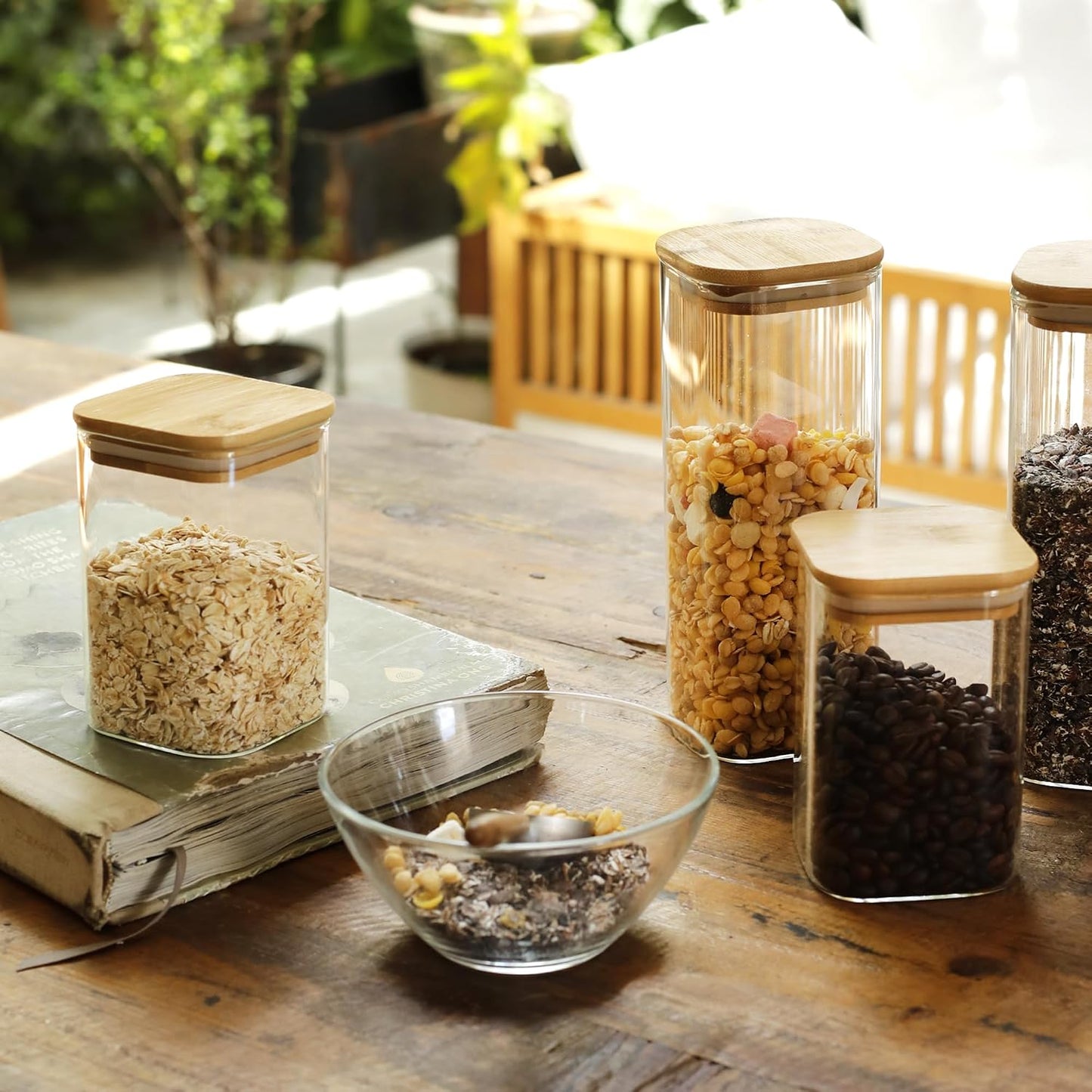 LIBWYS 12-Pack Square Glass Storage Jars with Bamboo Lids (0.6Qt/1.06Qt) - Stackable Food Containers for Pantry Organization, Coffee, Flour, Snacks, Tea | Kitchen Canisters Set