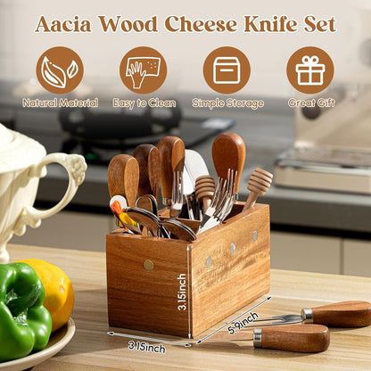 Hushee 44 Pcs Charcuterie Boards Accessories with Magnetic Acacia Wood Holder Wooden Cheese Knife Set for Wood Handle Knives for Cheese Knife Slicer with Tongs, Spoons, Forks, Honey Dipper (Style 2)