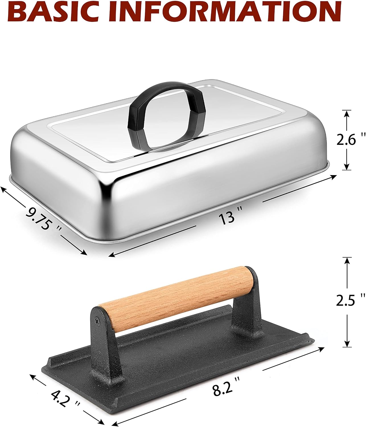 HaSteeL 13 x 9.75In Melting Dome & 8 x 4In Burger Press, Rectangular Basting Steam Cover with Bacon Press, Metal Griddle Accessories for Flat Top Teppanyaki Hibachi Grilling Cooking BBQ, Easy to Clean