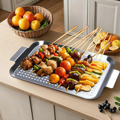 Grill Pan Set of 2, BBQ Grill Topper for Outdoor Grill, Stainless Steel Grilling Baskets with Holes and Handles, Perforated Food Tray Barbecue Accessories for Vegetable, Fish, Meat, Seafood