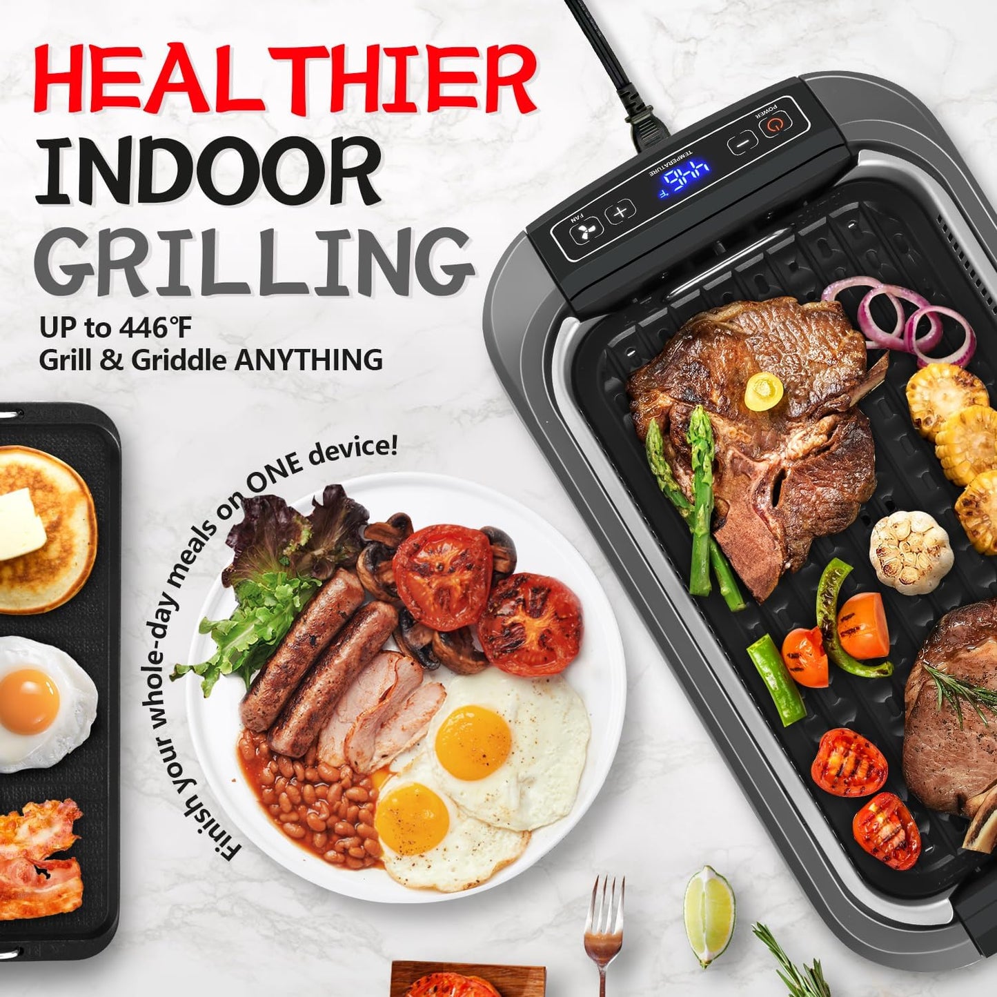 Smokeless Indoor Grill, CUSIMAX Electric Grill with Non-stick Removable Grill/Griddle Plate, 1500W Korean BBQ Grill with LED Smart Display & Tempered Glass Lid, Easy to Clean, Black