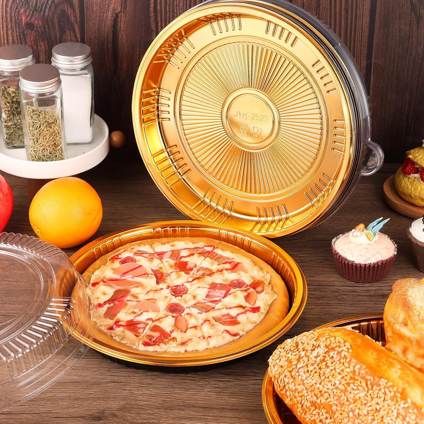 Yoiemivy 24 Pack Disposable Pie Carrier with Clear Lid, 9'' Plastic Serving Tray Round Pie Platters Pizza Container for Pies Salad Meal Prep