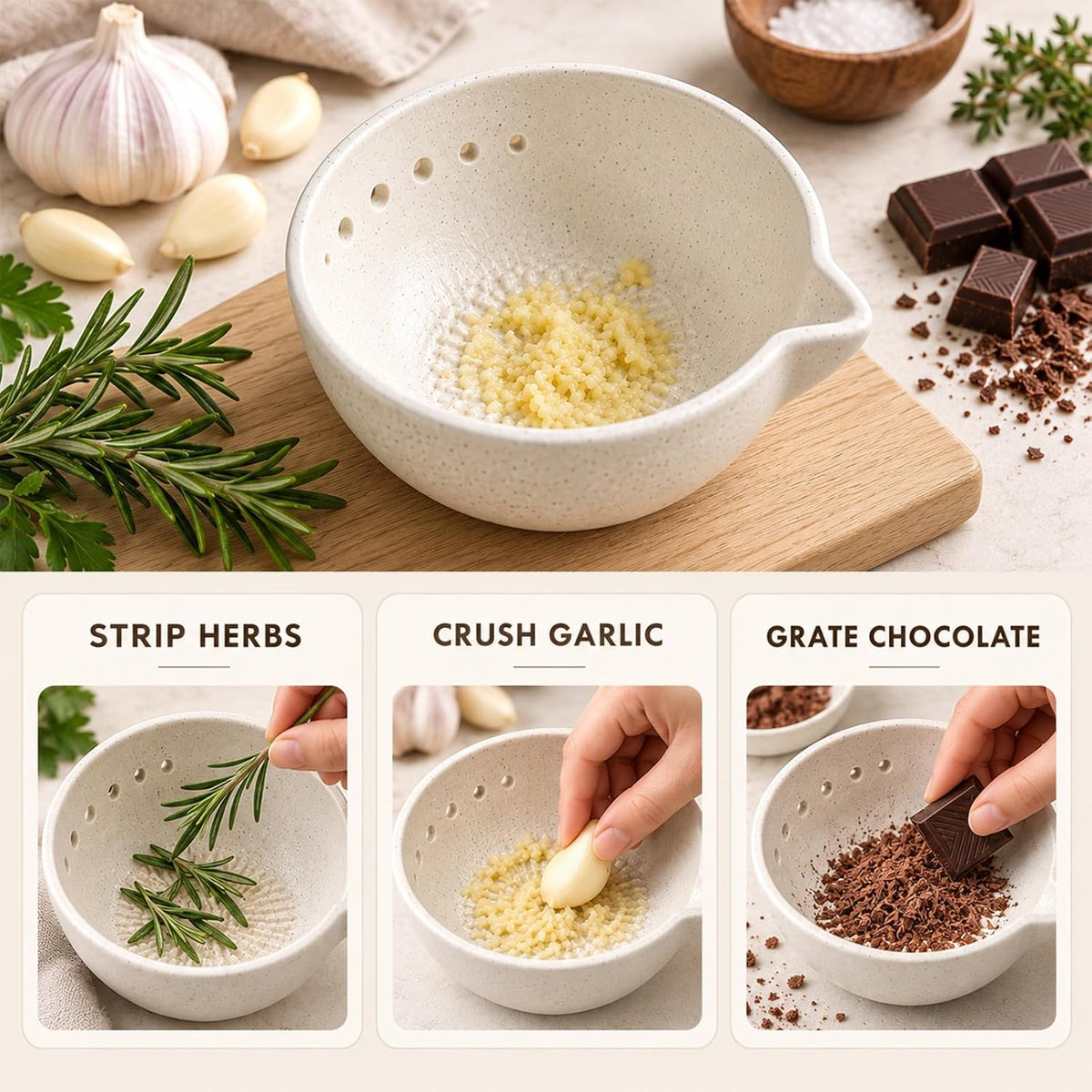 Marble Veins Multi‑Purpose Ceramic Prep Bowl with Herb Stripper Hole