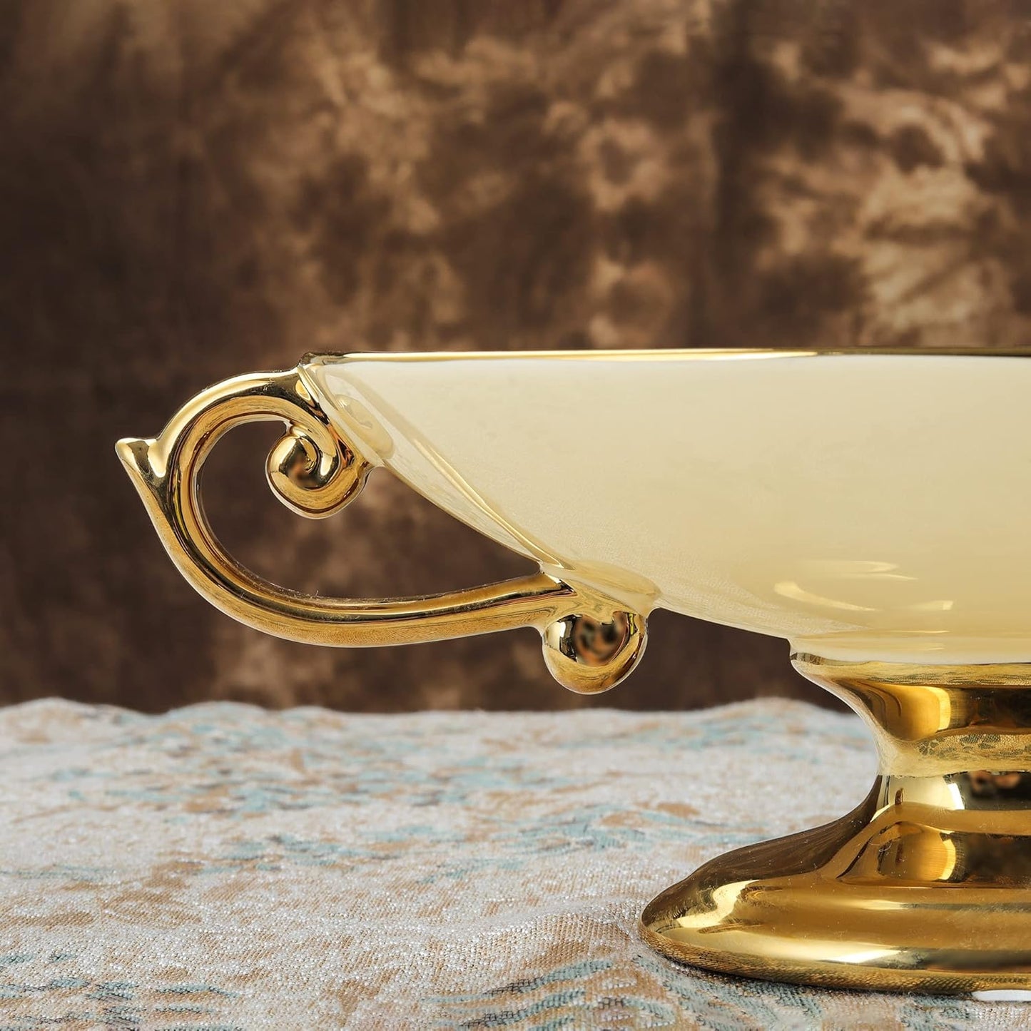 fanquare 3 Compartment Platter, Gold Porcelain Appetizer Serving Tray, Floral Ceramic Divided Serving Plate for Fruit, Candy, Nuts