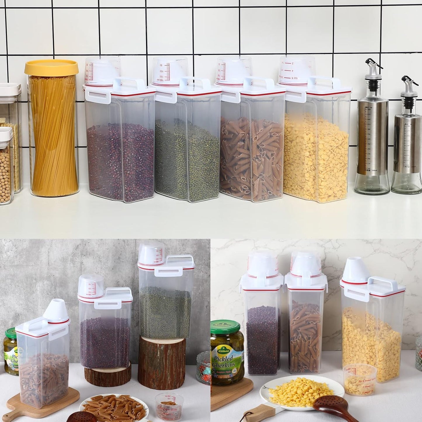 Cereal Containers Set 4 Pcs Airtight Food Storage Container with Measuring Cup Dispenser Plastic Storage Containers with Lids for Rice Oatmeal Flour Grain & Pet Cat Dog Food Container, 2.5 L