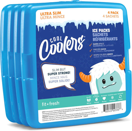 Cool Coolers By Fit & Fresh 4 Pack Slim Ice Packs, Quick Freeze Space Saving Reusable Ice Packs for Lunch Boxes or Coolers, Multi Colored, Single Pack