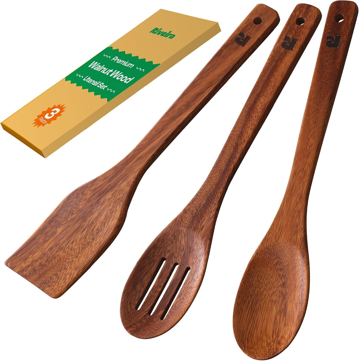 Riveira Dark Bamboo Wooden Spoons for Cooking 6-Piece, Apartment Essentials Wood Spatula Spoon Nonstick Kitchen Utensil Set Premium Quality Housewarming Gifts for Everyday Use