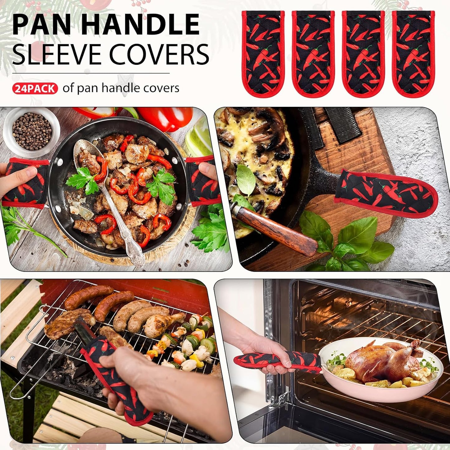 Dandat 24 Set Hot Handle Covers for Daily Replace Use Gift Pan Handle Sleeve Cover Heat Resistant Cast Iron Holder Sleeve Washable Handgrip Mitts for Christmas Kitchen BBQ Baking Cookware (Chili)