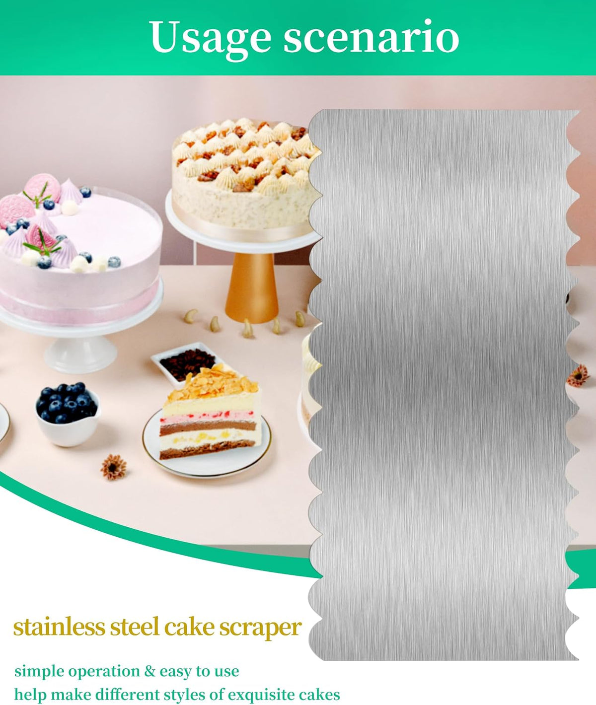 8.6 Inch Metal Cake Scraper Smoother, Edge Side Jagged Comb for Cream