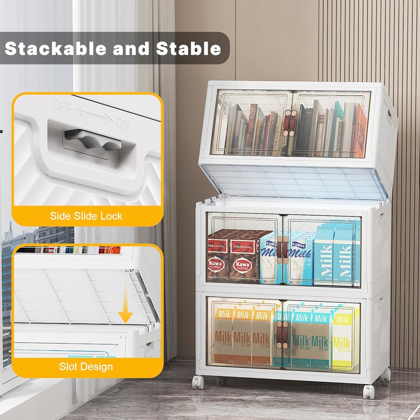 UAMFURI 720QT Stackable Storage Bins with Lids, Extra Large Storage Cabinet with Doors and Wheels, Collapsible Plastic Storage Box for Bedroom Dorm Office Garage