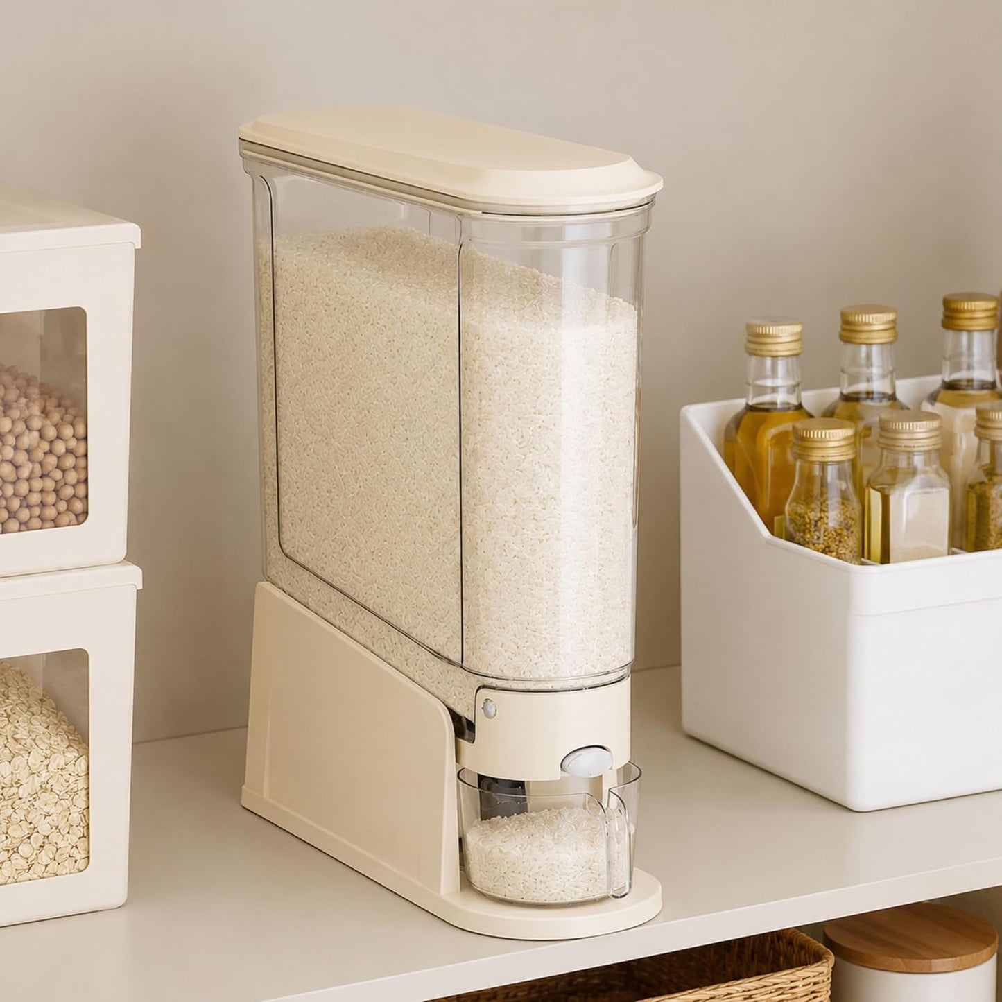ROOM127 Rice Dispenser 22 Lbs, Large Airtight Grain Container, Cream White | Family Size Storage, BPA-Free, Moisture-Proof Seal, One-Touch Pouring, Clear Window, for Cereal, Beans, Oats & Dry Food