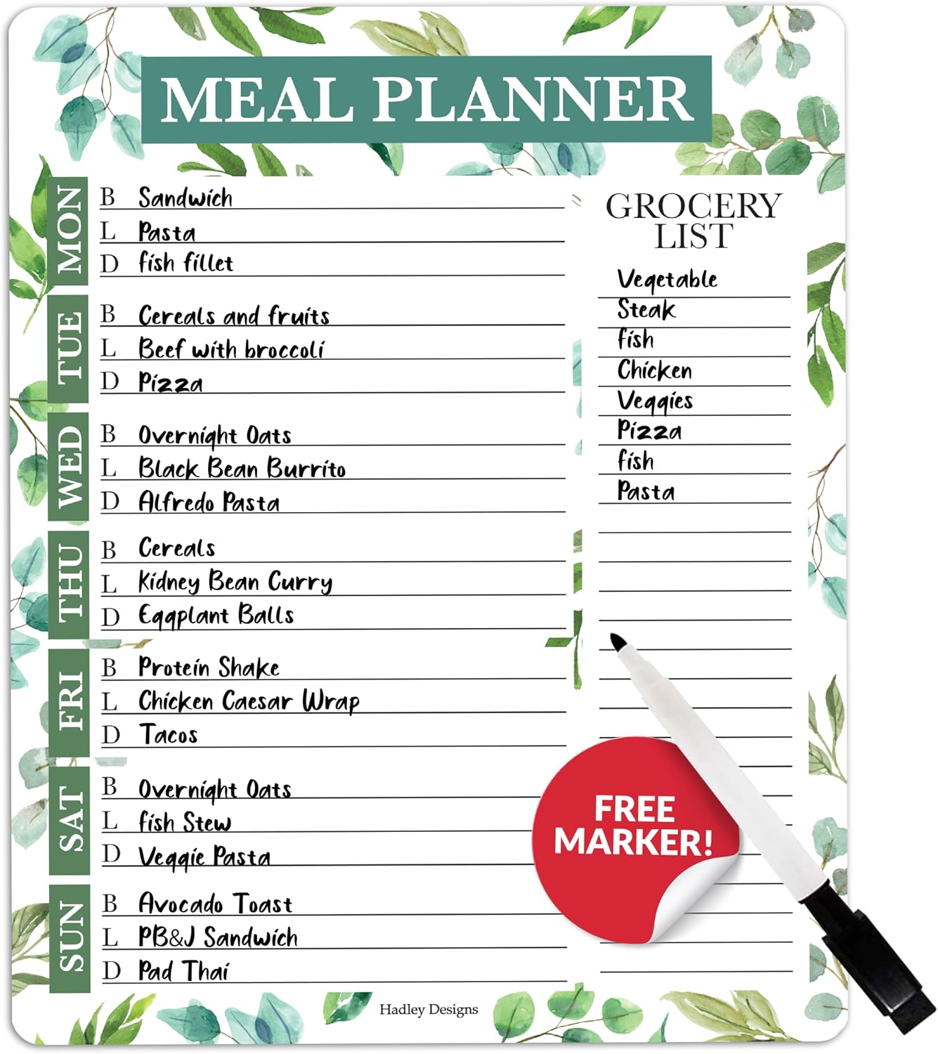 Hadley Designs Weekly Meal Planner for Fridge - Dinner Menu Board for Kitchen, Greenery Weekly Menu Board Dry Erase, Dry Erase Meal Planner for Fridge