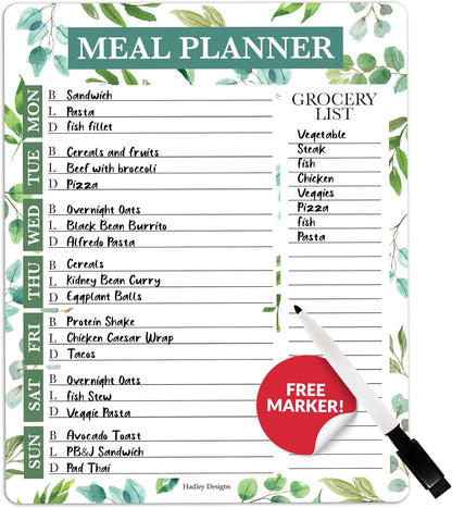 Hadley Designs Weekly Meal Planner for Fridge - Dinner Menu Board for Kitchen, Greenery Weekly Menu Board Dry Erase, Dry Erase Meal Planner for Fridge