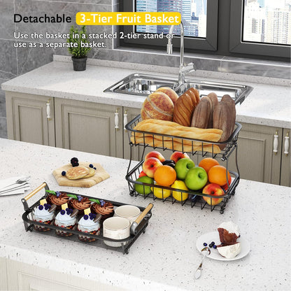 ANTOPY 2 Tier Fruit Basket with 2 Banana Hangers, Countertop Fruit Vegetable Basket Bowl for Kitchen Counter Metal Wire Fruits Storage Stand Holder Organizer for Bread Snack Veggies Produce