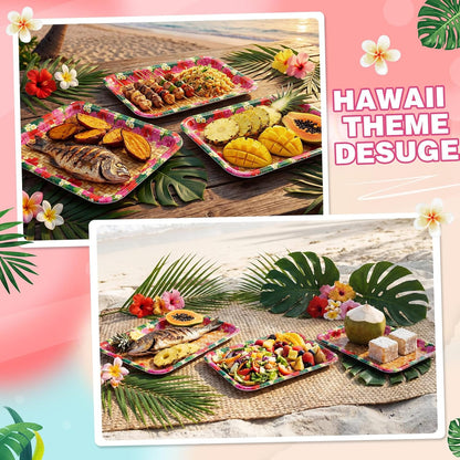 Rtteri 6 Pcs Hawaiian Luau Party Serving Trays 13" x 10" Reusable Plastic Tropical Melamine Dishes for Hawaii Luau Party Summer Platters Tableware Decoration
