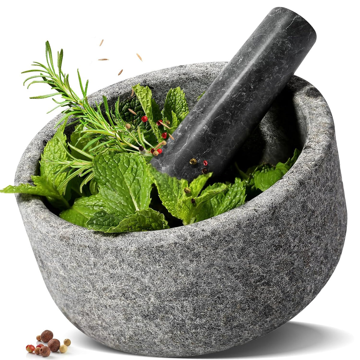 Koville Luxury Marble Mortar and Pestle Set, 7"-4cups Grinder Bowl for Guacamole, Salsa, Pill Crusher, Spice, Herb, Garlic, Nut, Heavy Duty Grinder for Kitchen